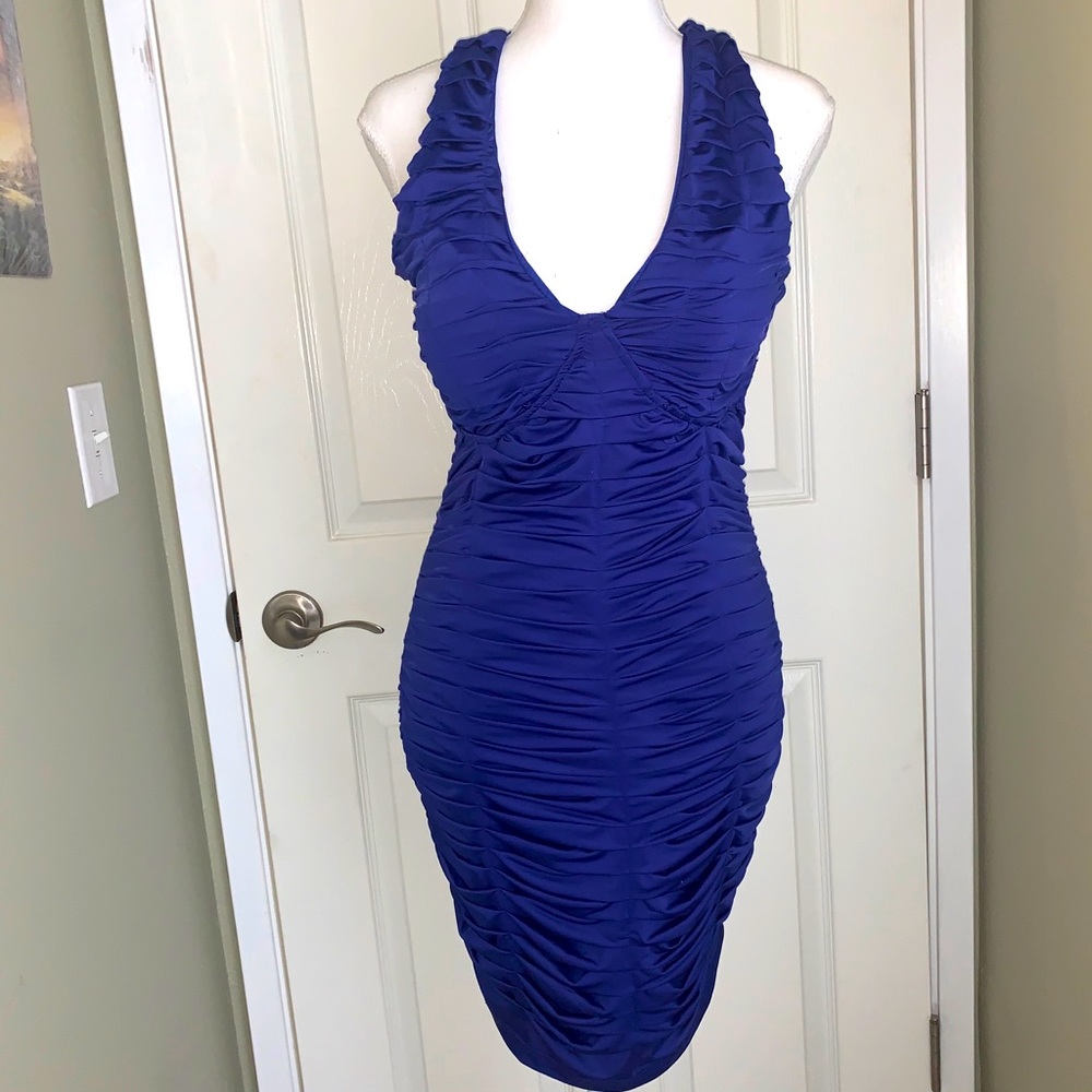 Silky Halter Ruffled Dress Deep Purple Blue Fitted